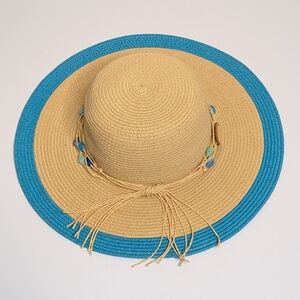 Panama Jack Wide Brim Beaded Boho Turquoise Trim Sun Hat  OS
